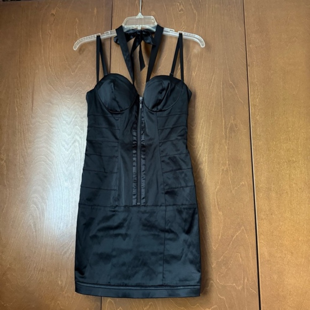 Bebe Sz Small Bodycon Mini Black Spaghetti Strap,  Ribbon Tie Dress. Zip Front